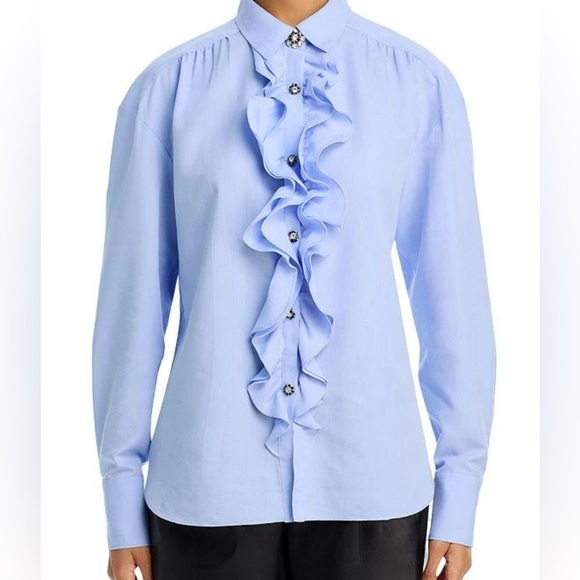 NEW Cinq a Sept Kadi blue ruffle shirt blouse with rhinestone buttons - Picture 1 of 6